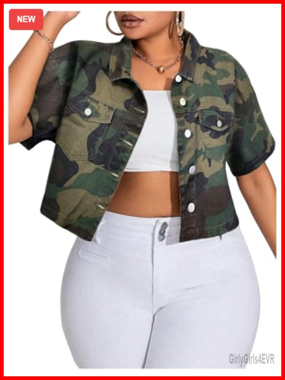 Plus Size Camo Print Crop Denim Jacket Button Down Short Sleeve Jean Coat